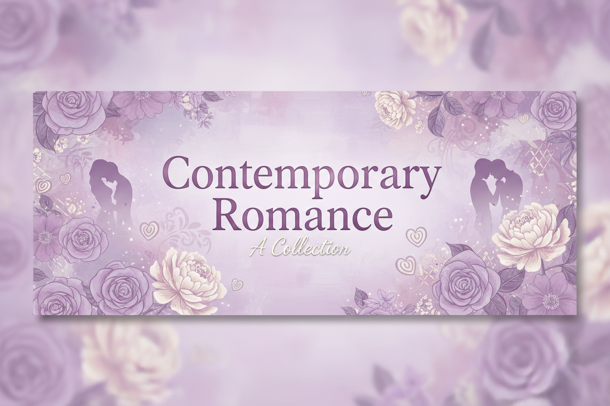 Portada para colección de productos de libros que son del género Contemporary Romance, incluye el texto en la foto que sea en tonos lilas