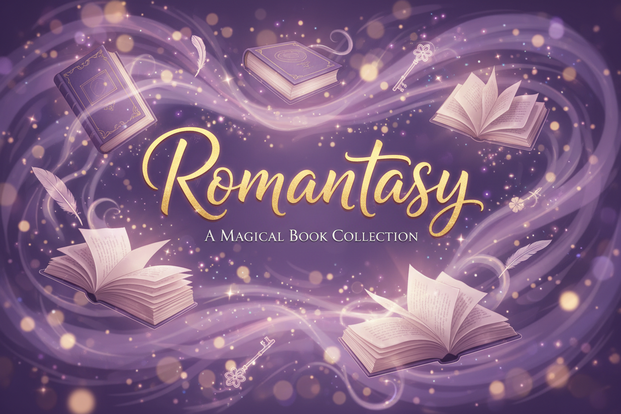 Portada para colección de productos de libros que son del género Romantasy, incluye el texto en la foto, que se vea muy magico en tonos lilas