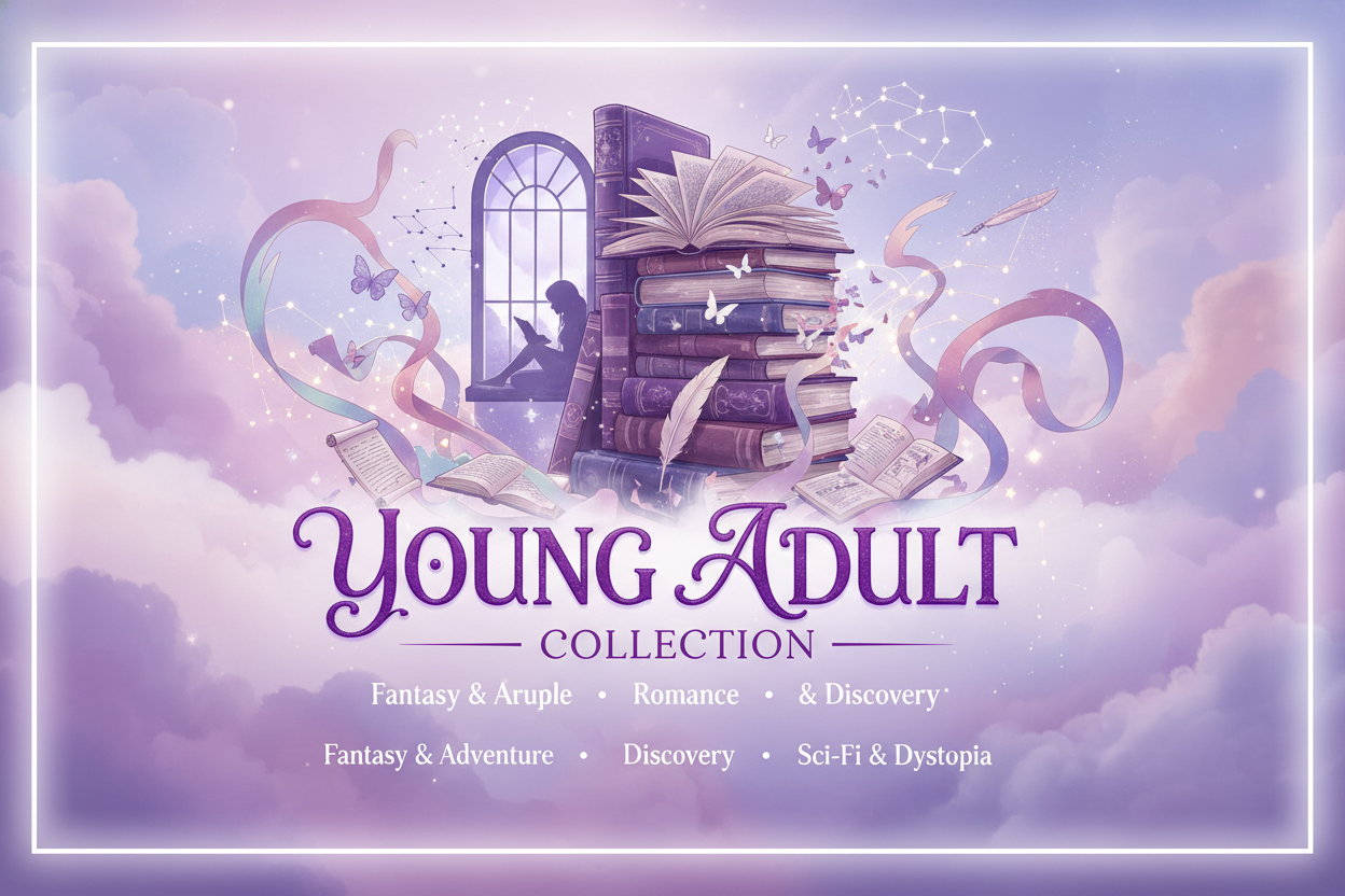 Portada para colección de productos de libros que son del género Young Adult, incluye el texto en la foto en tonos lilas